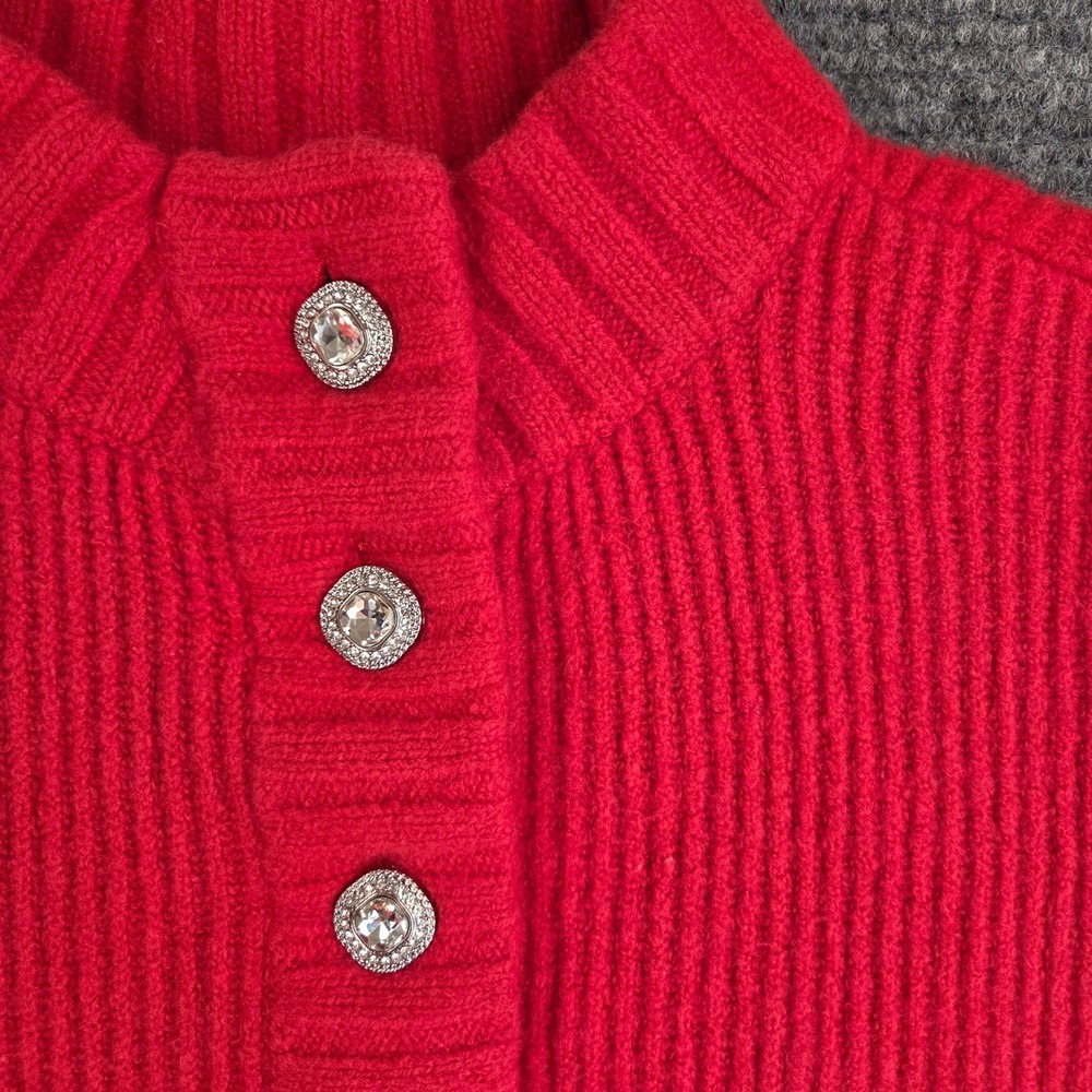 Talbots Wool Cotton Blend Red Ribbed Mock Neck Rhinestone Button Sweater Medium - Picture 3 of 6